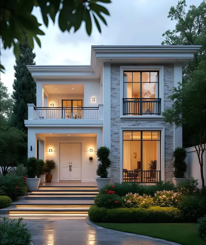 Elegant two-story modern house design with light facade, dark window frames, manicured gardens, and exterior lighting.