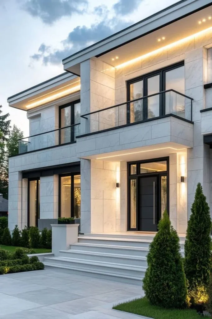 Modern luxury house design with textured stone facade, grand entryway, and glass balcony railings.