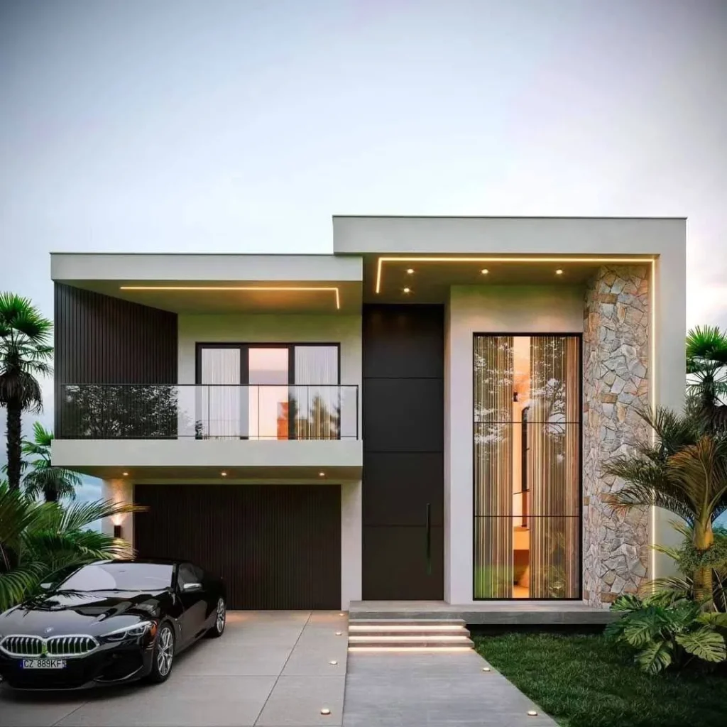 Modern house design with mixed materials, stone cladding, wood accents, and tropical landscaping.