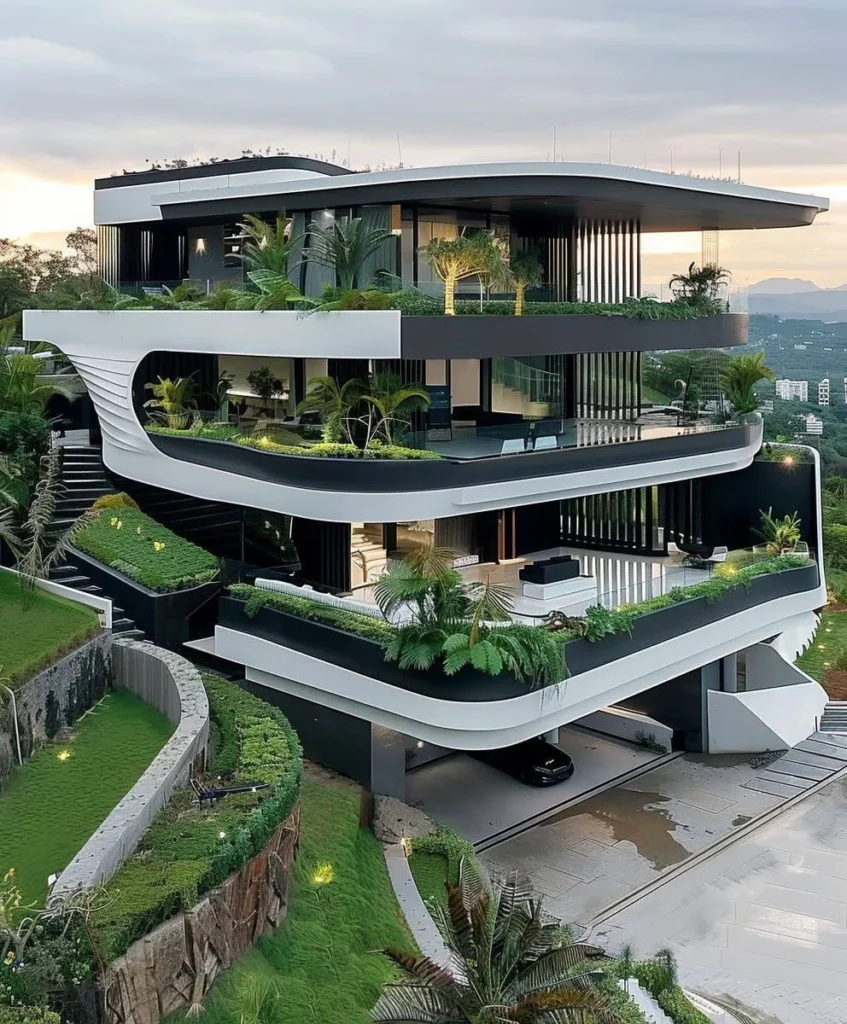 Futuristic multi-level house design with terraced gardens, flowing lines, and integrated greenery.