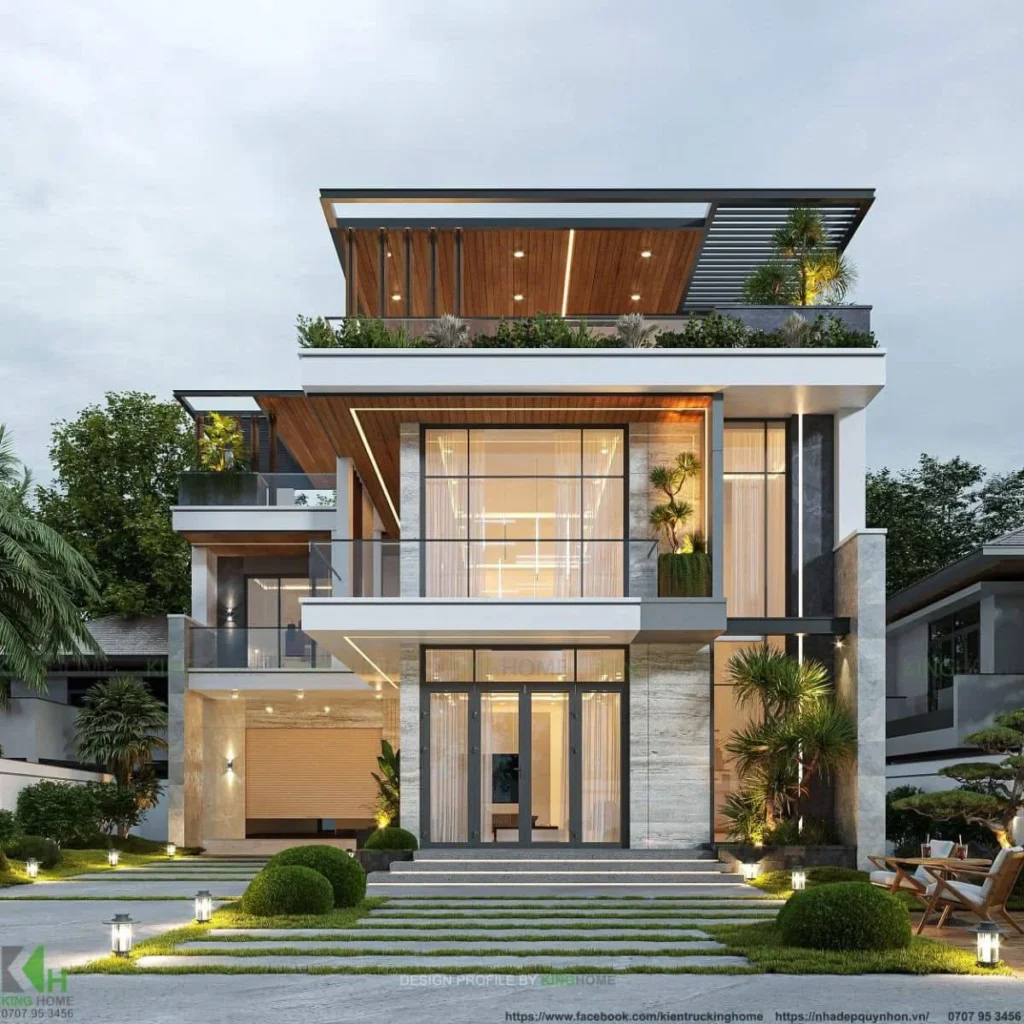 Modern tropical house design with tiered levels, expansive windows, wood accents, and lush landscaping.