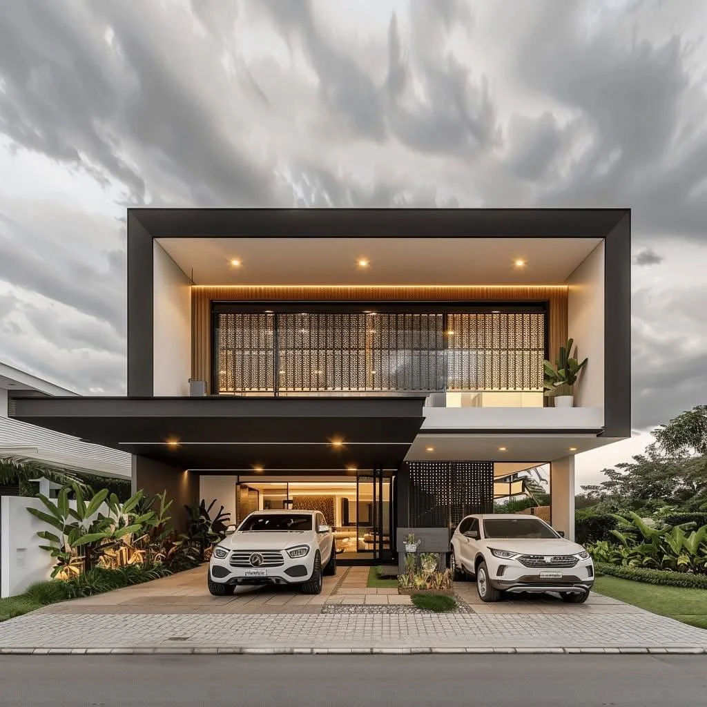 Modern house design with contrasting black and white exterior, overhanging roof, and minimalist landscaping.