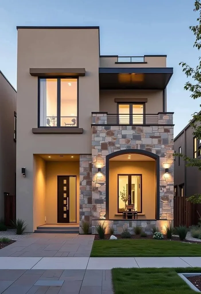 High-end modern house design with large windows, stone accents, and warm exterior lighting.