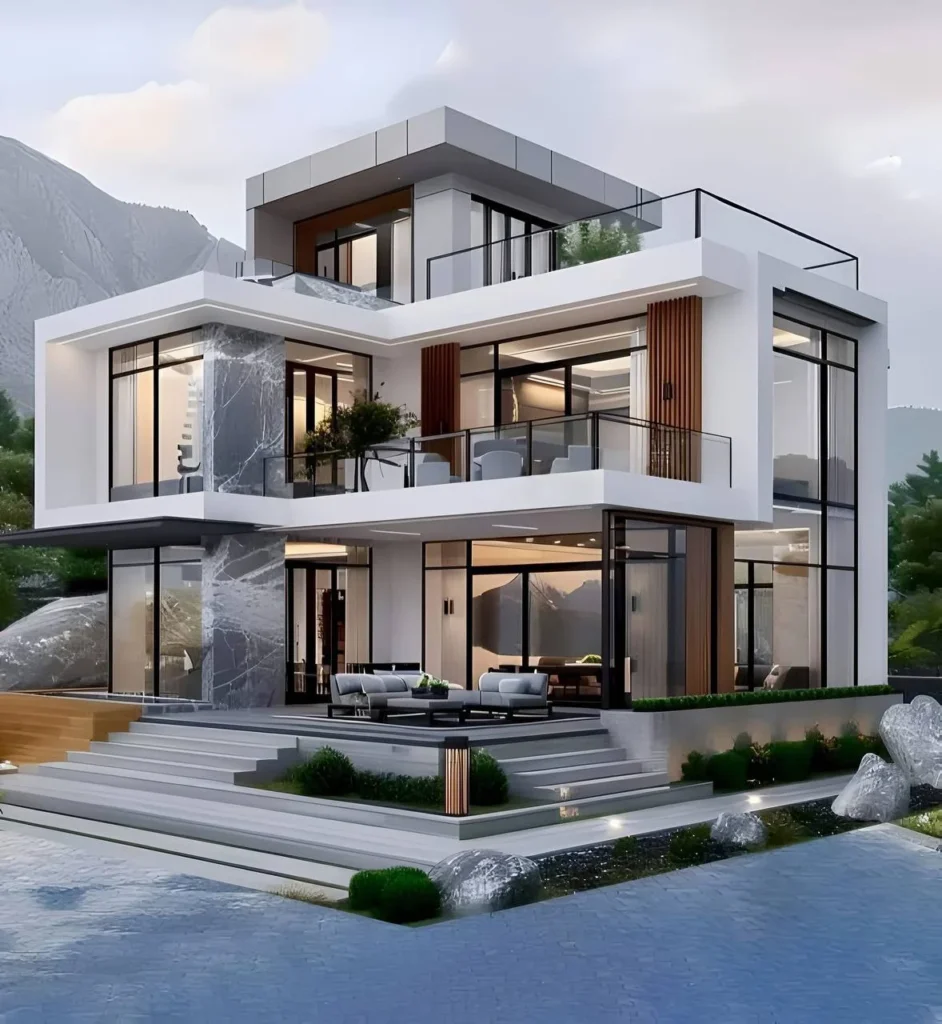 Modern multi-level house design with expansive windows, open balconies, and natural stone accents.