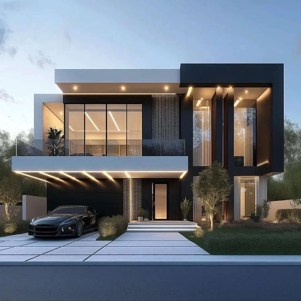 Modern house design with contrasting dark and light facade, integrated waterfall feature, and expansive windows.