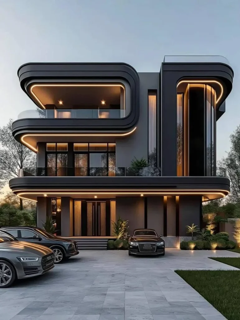 Modern house design with rounded edges, dark exterior, and strategic lighting, showcasing a futuristic aesthetic.