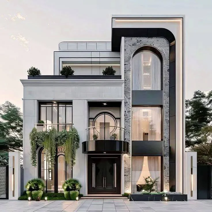 Modern house designs with arched windows, vertical emphasis, contrasting textures, and integrated greenery.