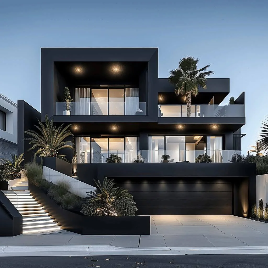 Modern house designs with black facade, integrated greenery on balconies, and multi-level landscaping.