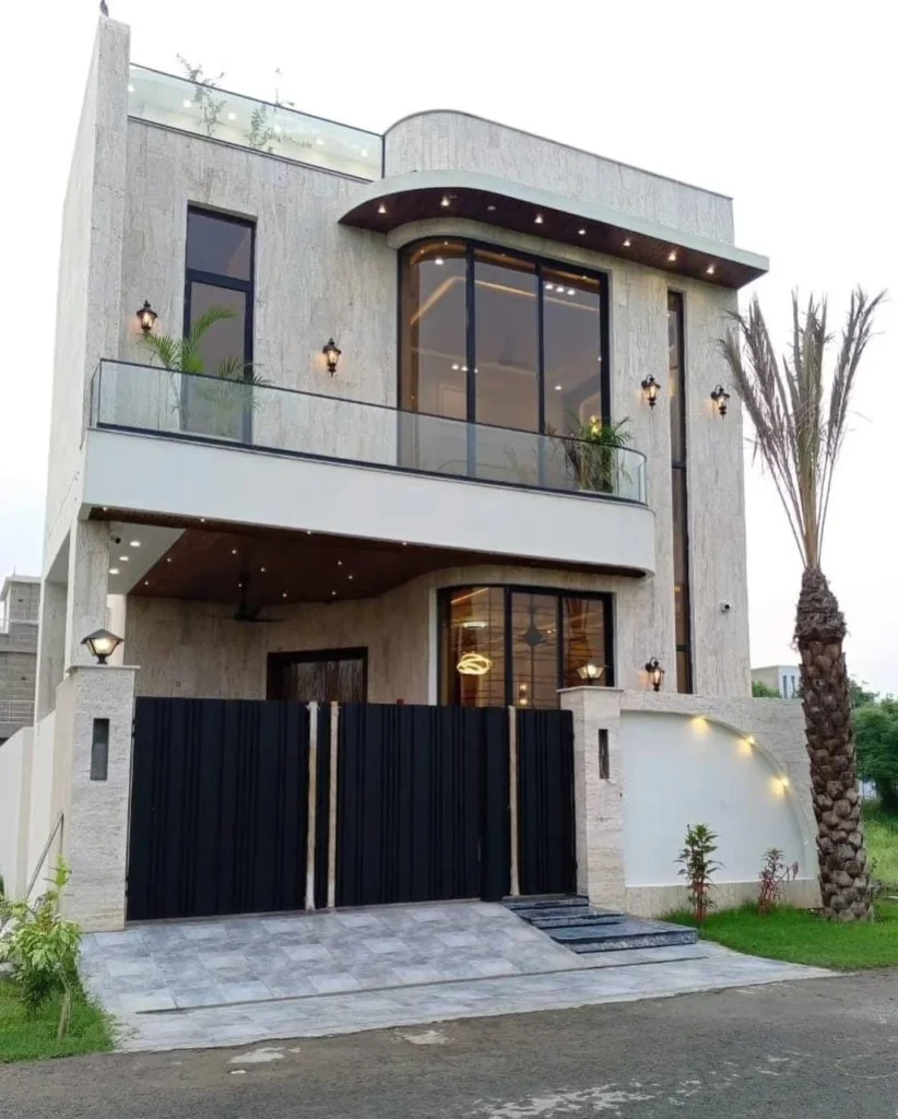 Modern luxury house design with curved roof, glass balconies, and minimalist black gate.