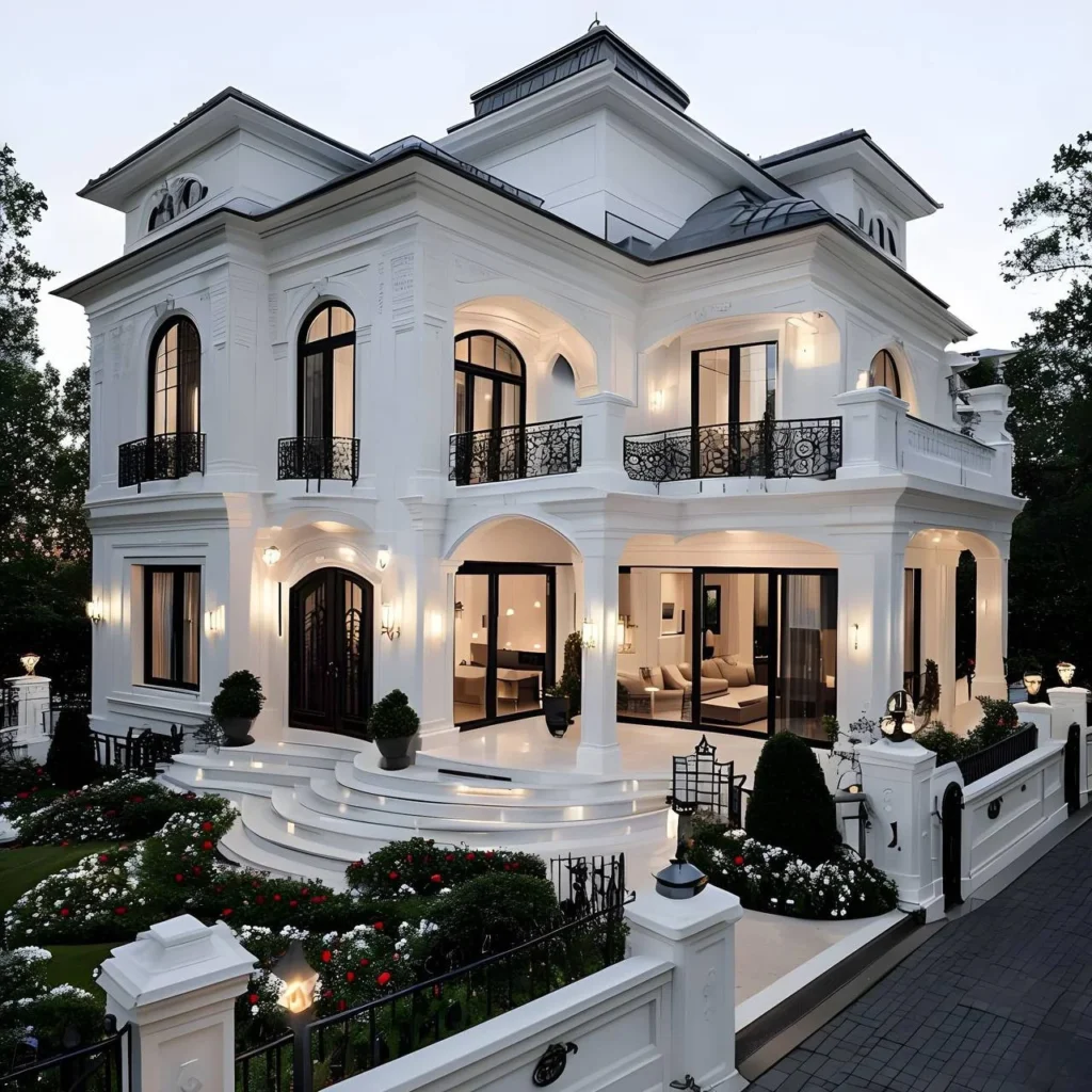 Elegant white modern house design with symmetrical facade, wrought-iron details, and manicured landscaping.