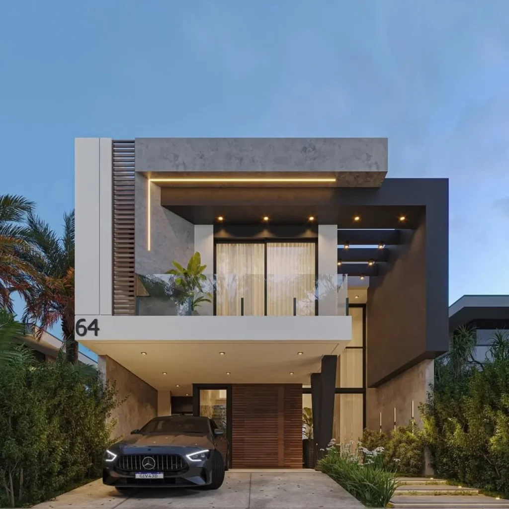 Contemporary house design with layered textures, integrated lighting, and open carport.