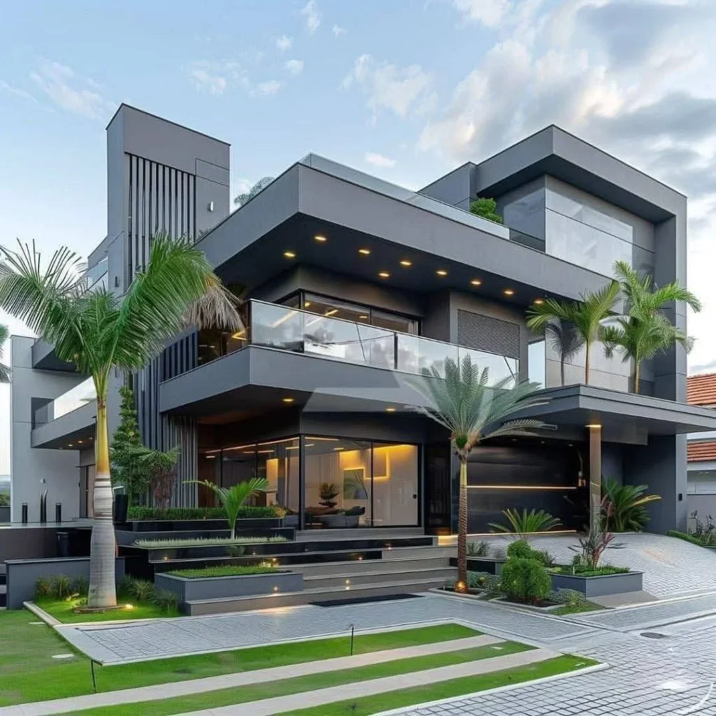 Multi-level modern house design with tropical landscaping and integrated exterior lighting.