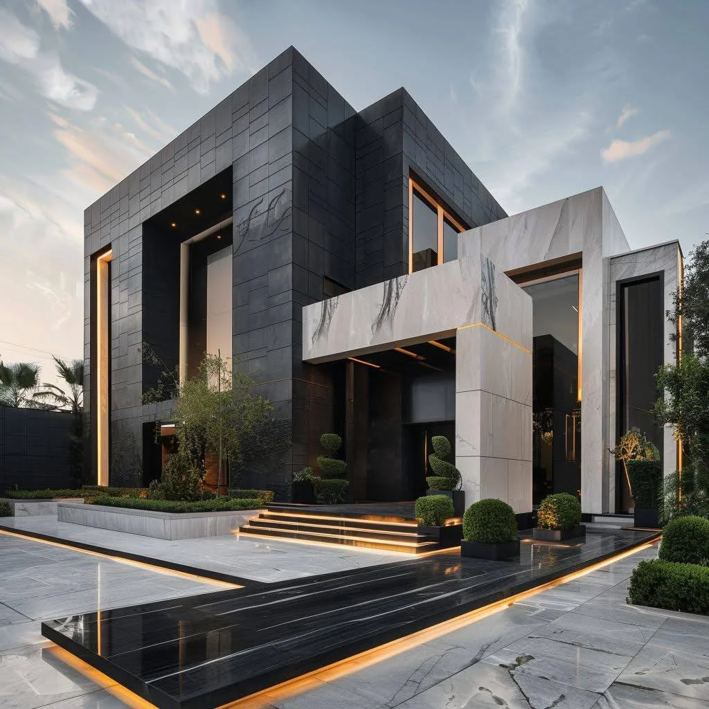 Modern luxury house design with contrasting black and white facades, minimalist landscaping, and dramatic lighting.