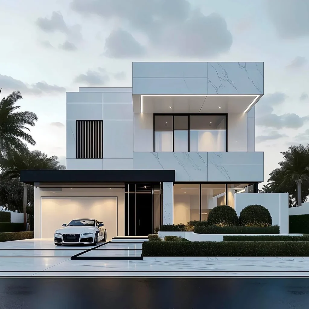 Minimalist modern house design with white exterior, marble-effect panels, and integrated garage.