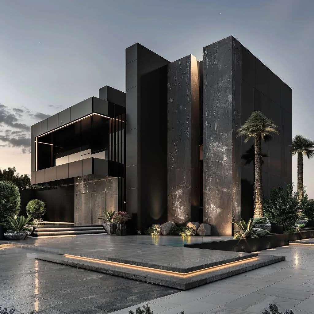 Monochromatic modern house design with imposing dark exterior, expansive paving, and subtle landscaping.