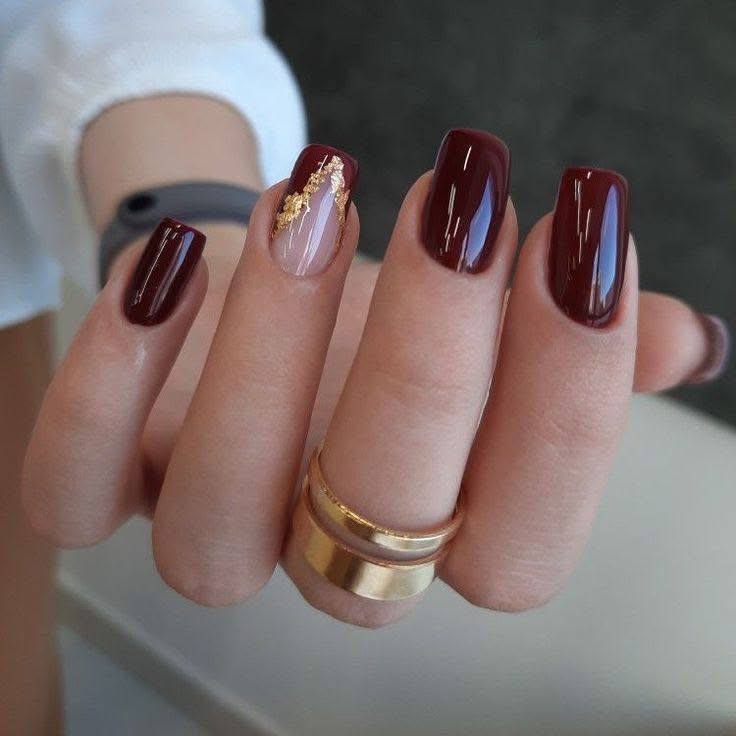 Burgundy Nails with Gold Leaf Accent Nail