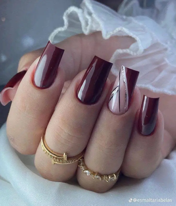 Burgundy Nails with Silver Stripe Accent Nail