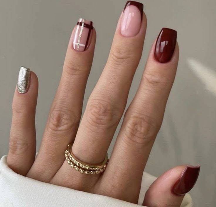 Burgundy Nails with Mixed Design Accents