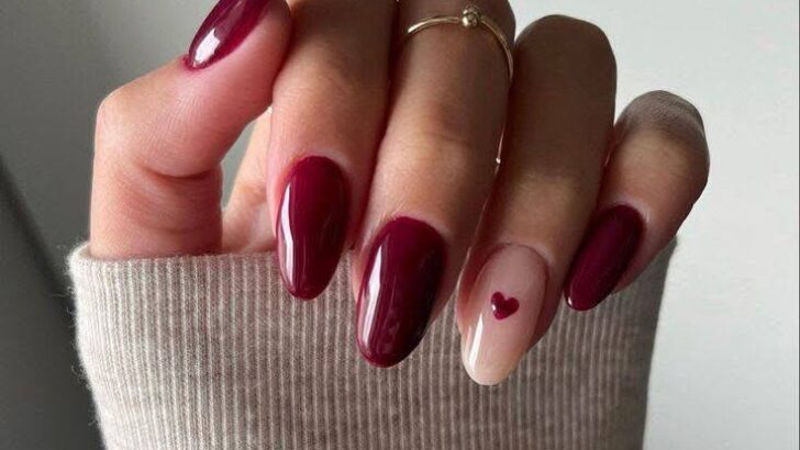 Burgundy Nails with Single Heart Accent