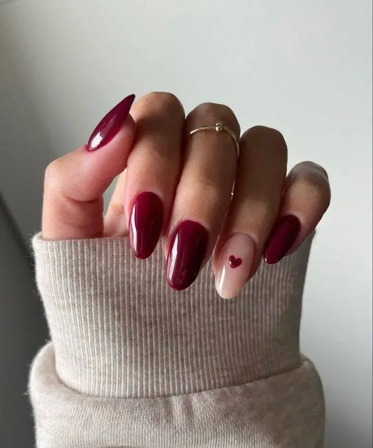 Burgundy Nails with Single Heart Accent