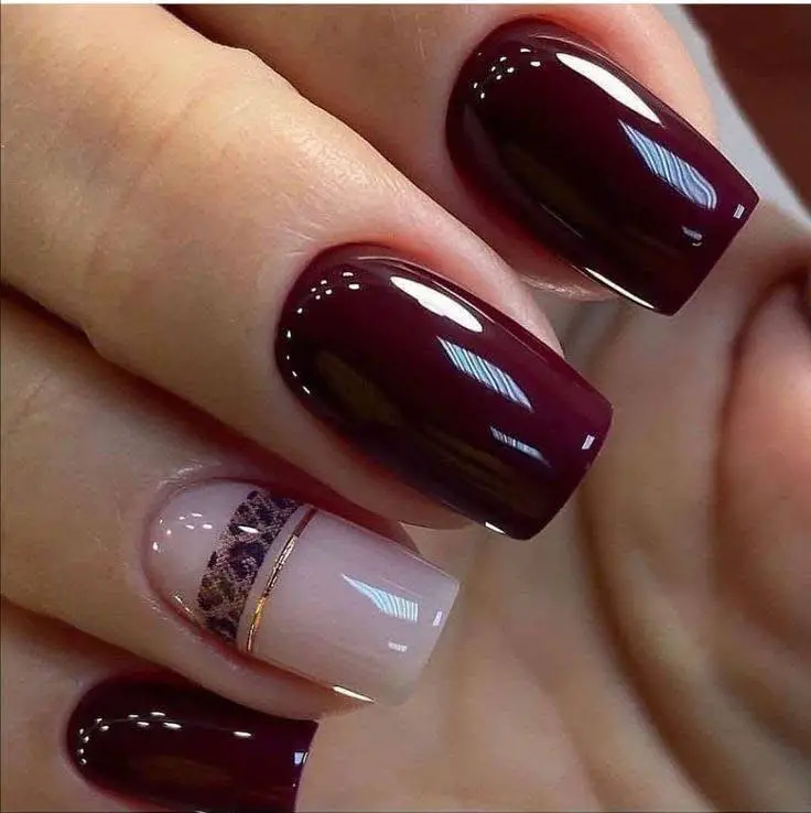 Burgundy Nails with Leopard Print Accent Nail