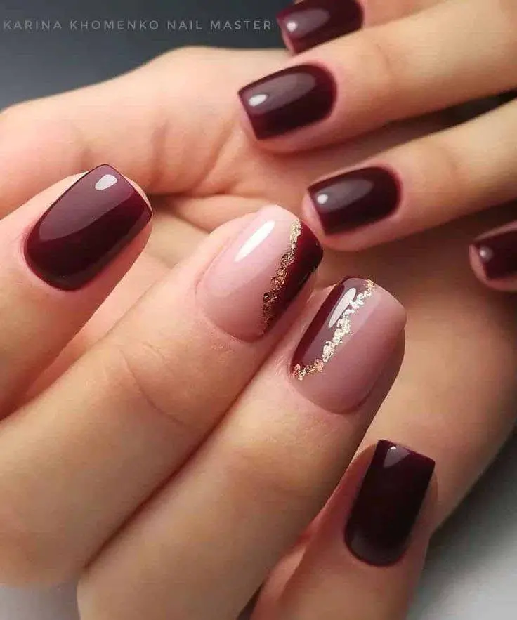 Burgundy and Rose Gold Accent Nails