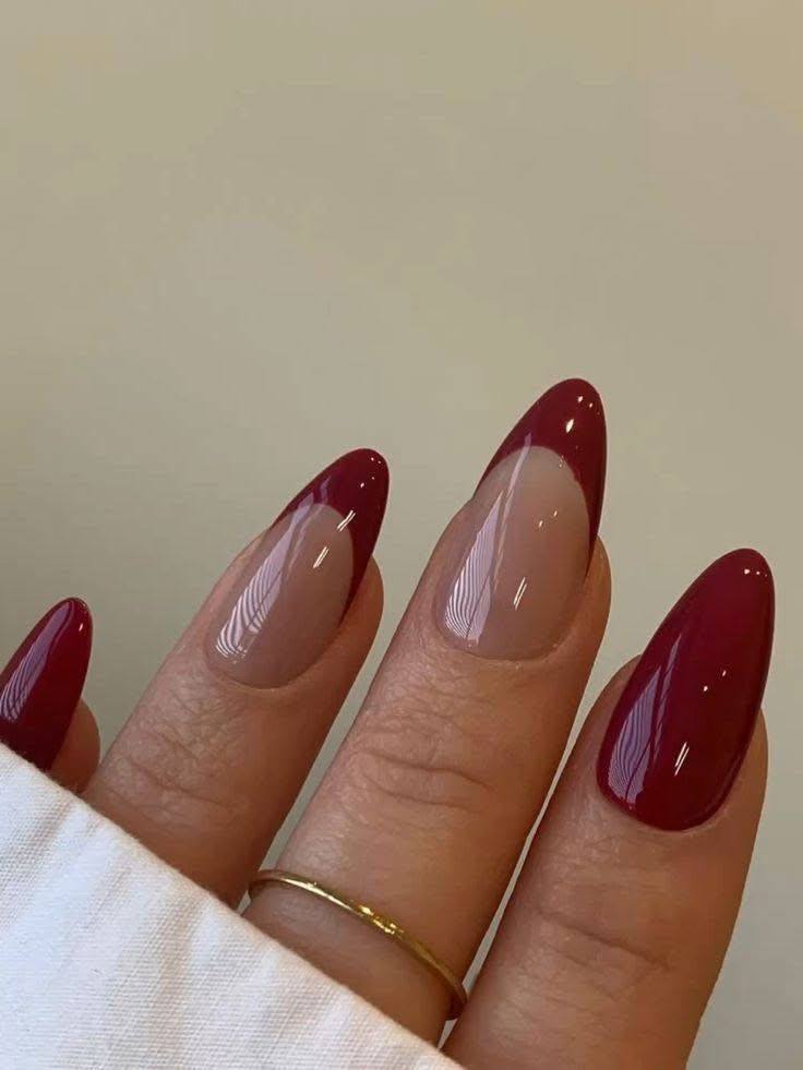 Burgundy Angled French Tip Nails - burgundy nail designs