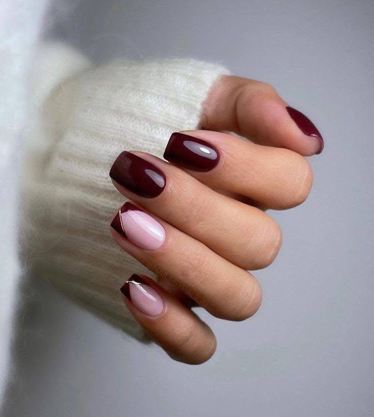 Burgundy Nails with Geometric Accent Nail - burgundy nail designs