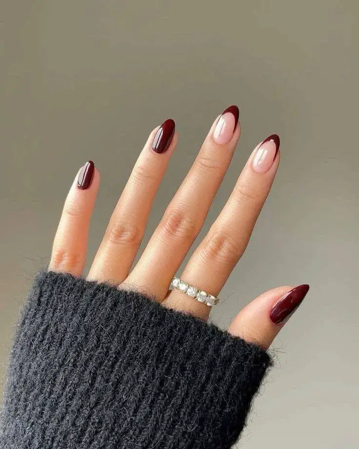 Burgundy Tip Nail Design on Almond Nails