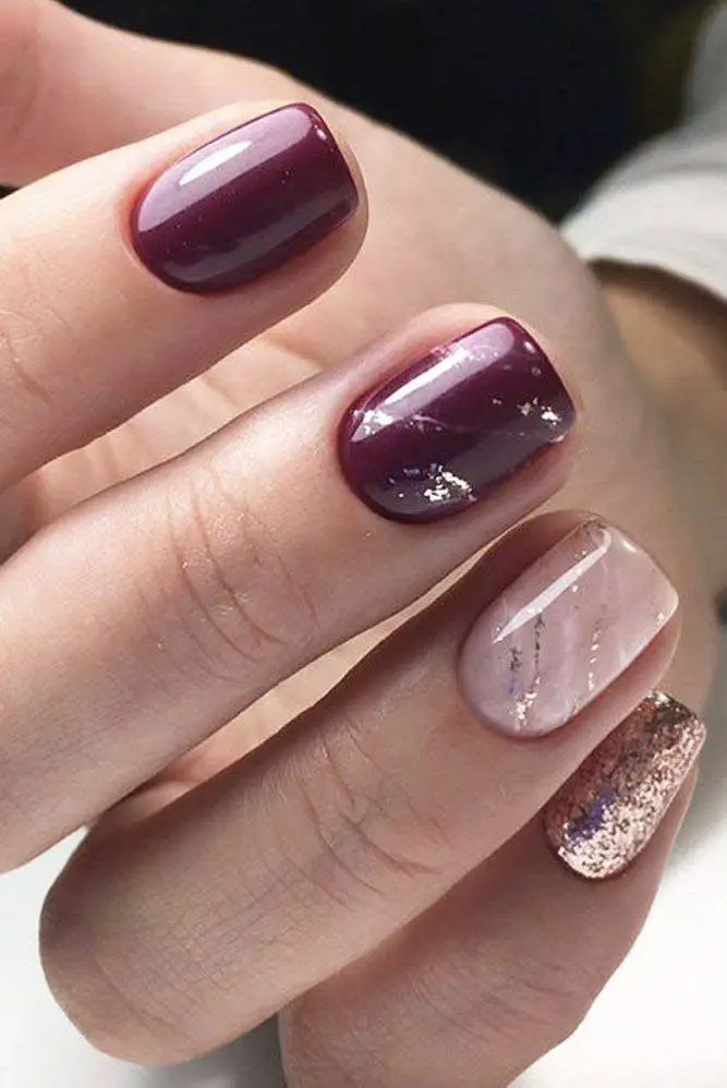 Burgundy Nails with Marble and Glitter Accents - burgundy nail designs