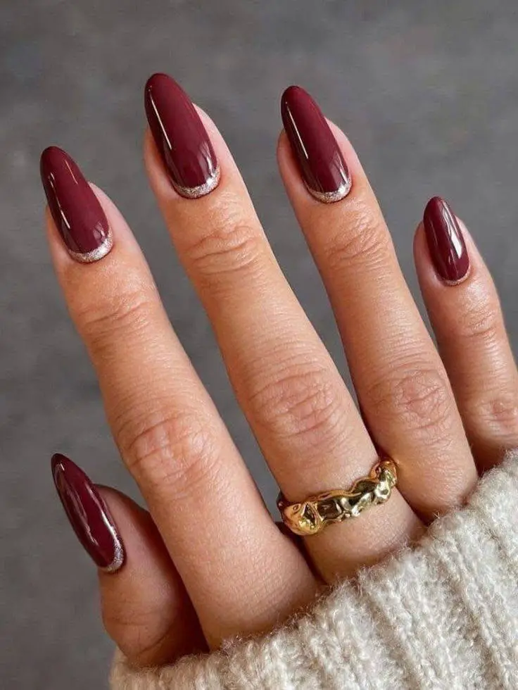 Burgundy Nails with Silver Cuticle Detail