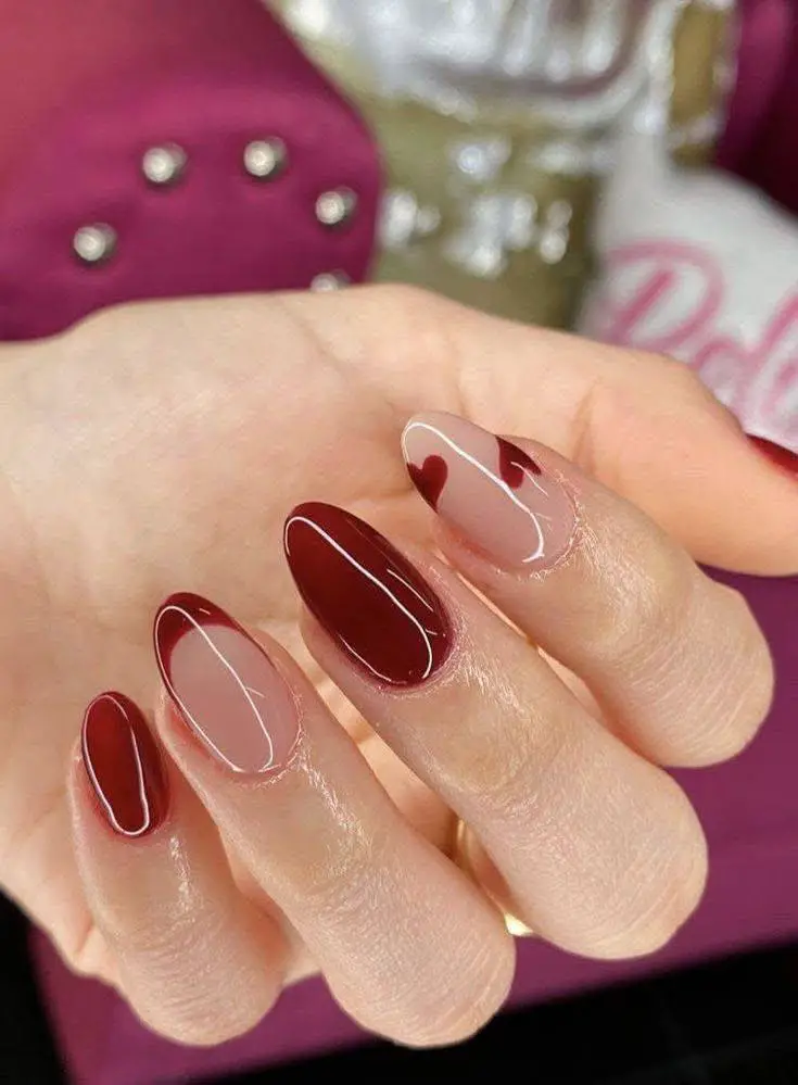 Burgundy Nails with Nude Heart Accents