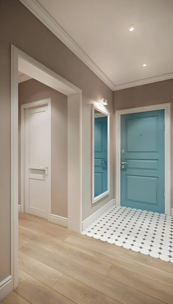 Hallway with neutral walls and a brightly colored door - best neutral paint colors