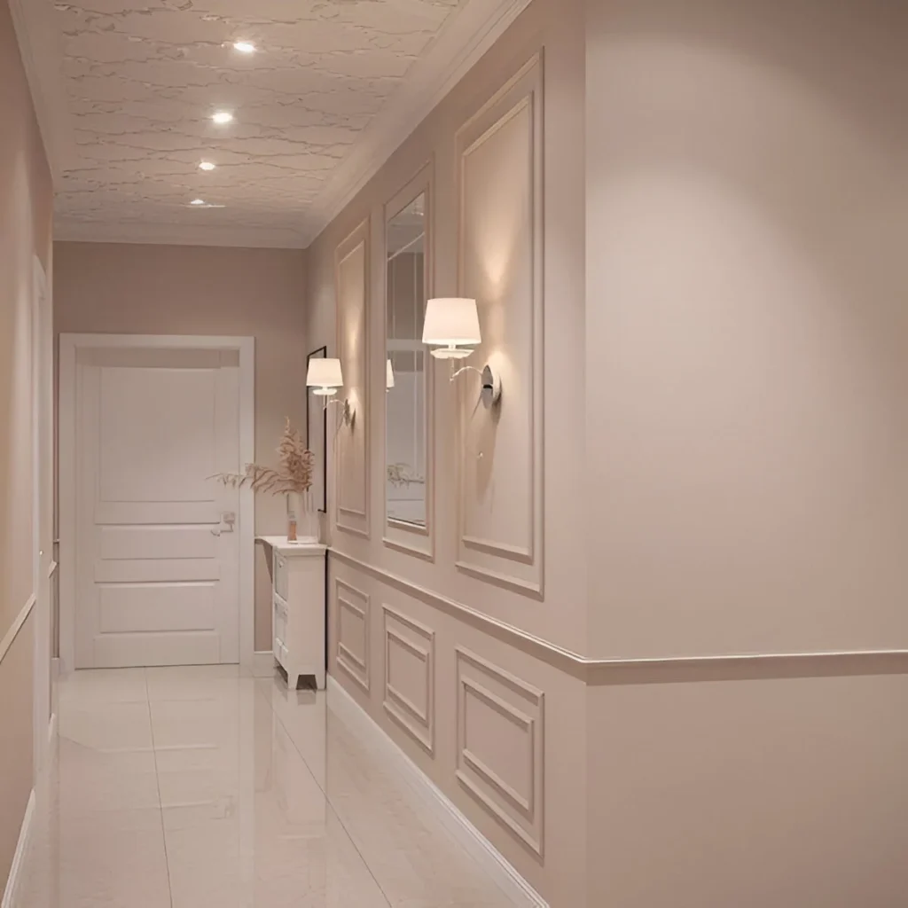 Hallway with neutral-colored wall paneling and sconces - best neutral paint colors