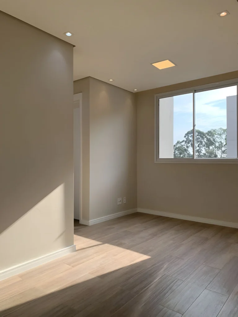 Empty room with light beige walls and wood floors, showcasing soft neutral tones.