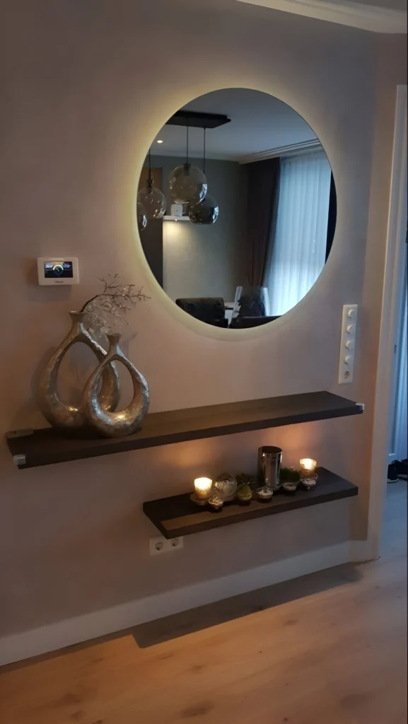 Interior wall with warm neutral paint, illuminated mirror, and shelving.