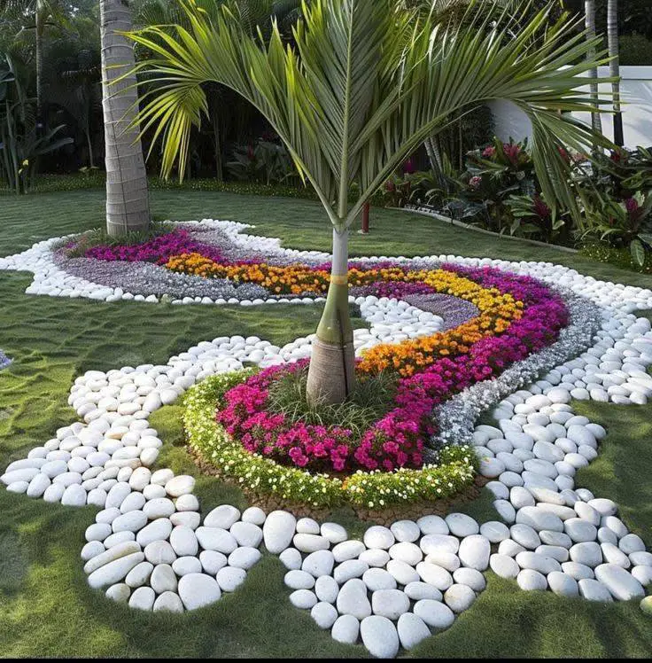 Garden landscape featuring winding "rivers" of white and multi-colored river stones, interspersed with colorful flowers, around a palm tree.