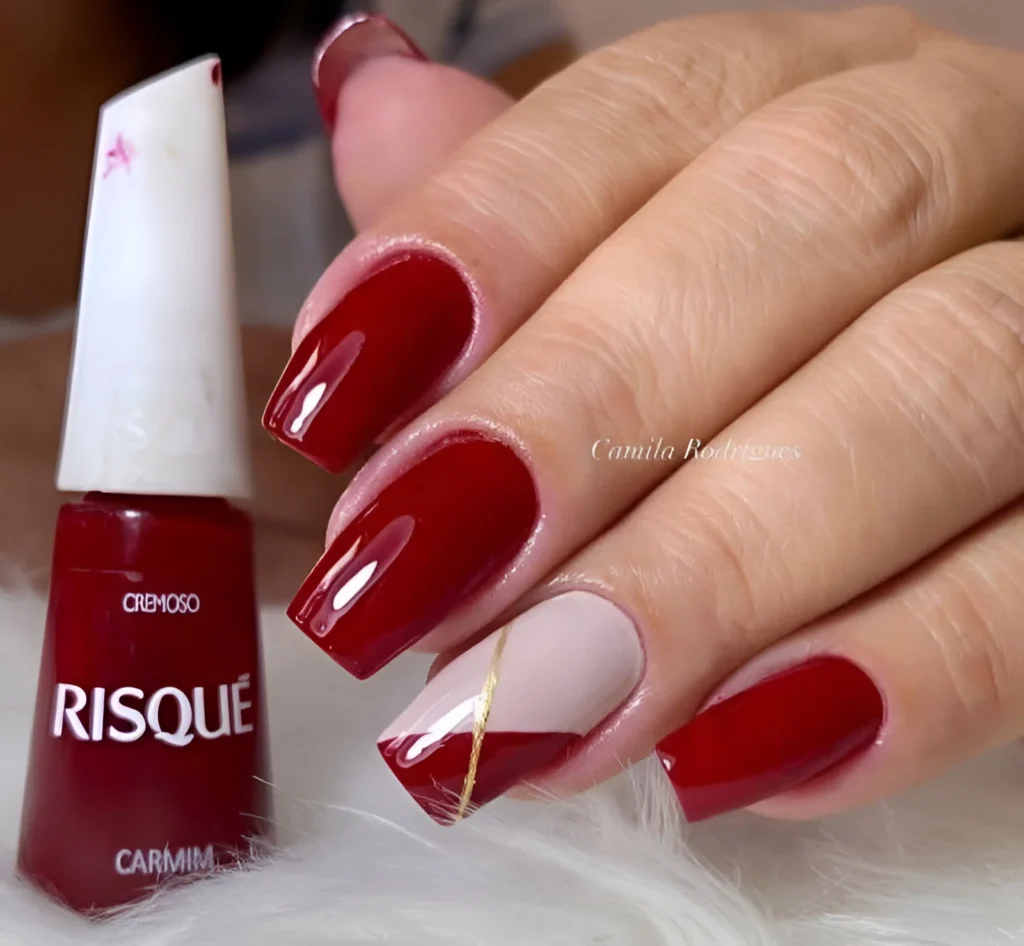 Stylish red and nude nail design, perfect for showcasing polish brands in 2025.