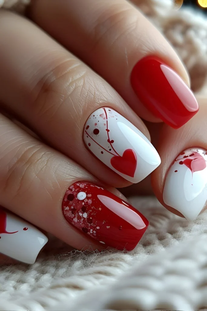 Red and white abstract splatter nail art with heart accent, 2025 design.