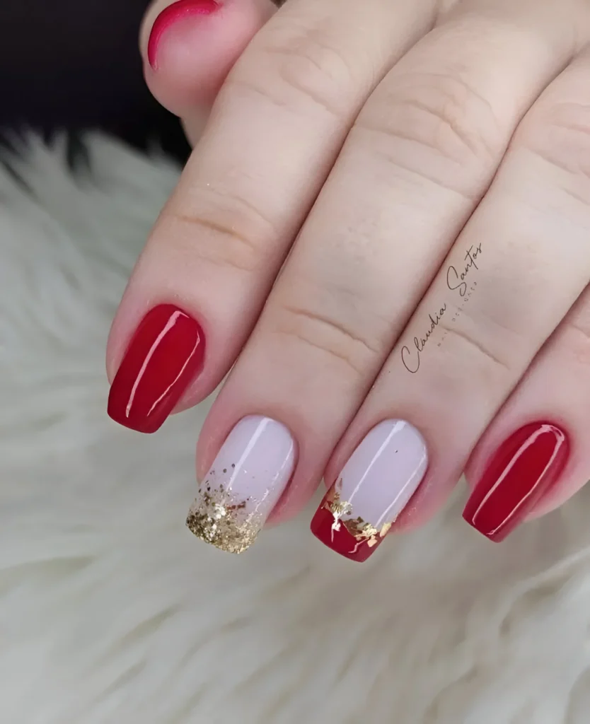 Red and white nails with gold foil details - trendy red nail designs