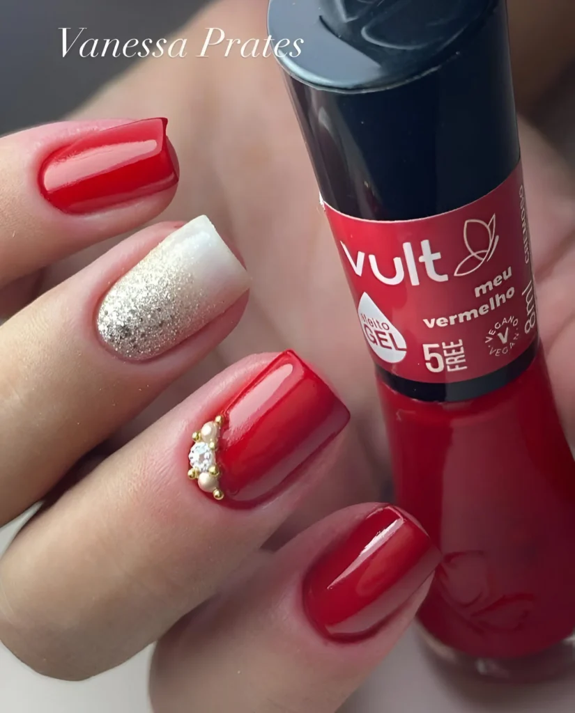 Red, white, and glitter nails with pearl accents - trendy red nail designs