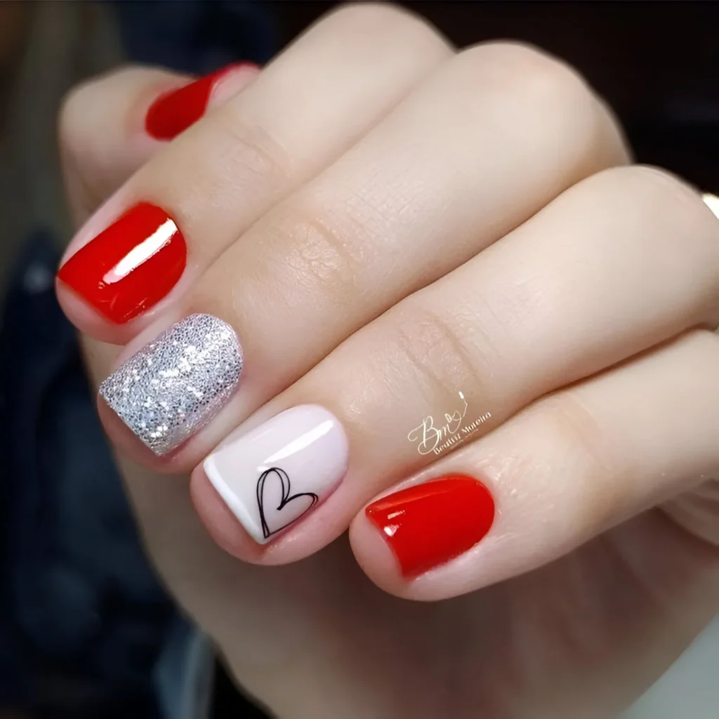 Red nails with silver glitter and a white heart accent nail - 2025 design.