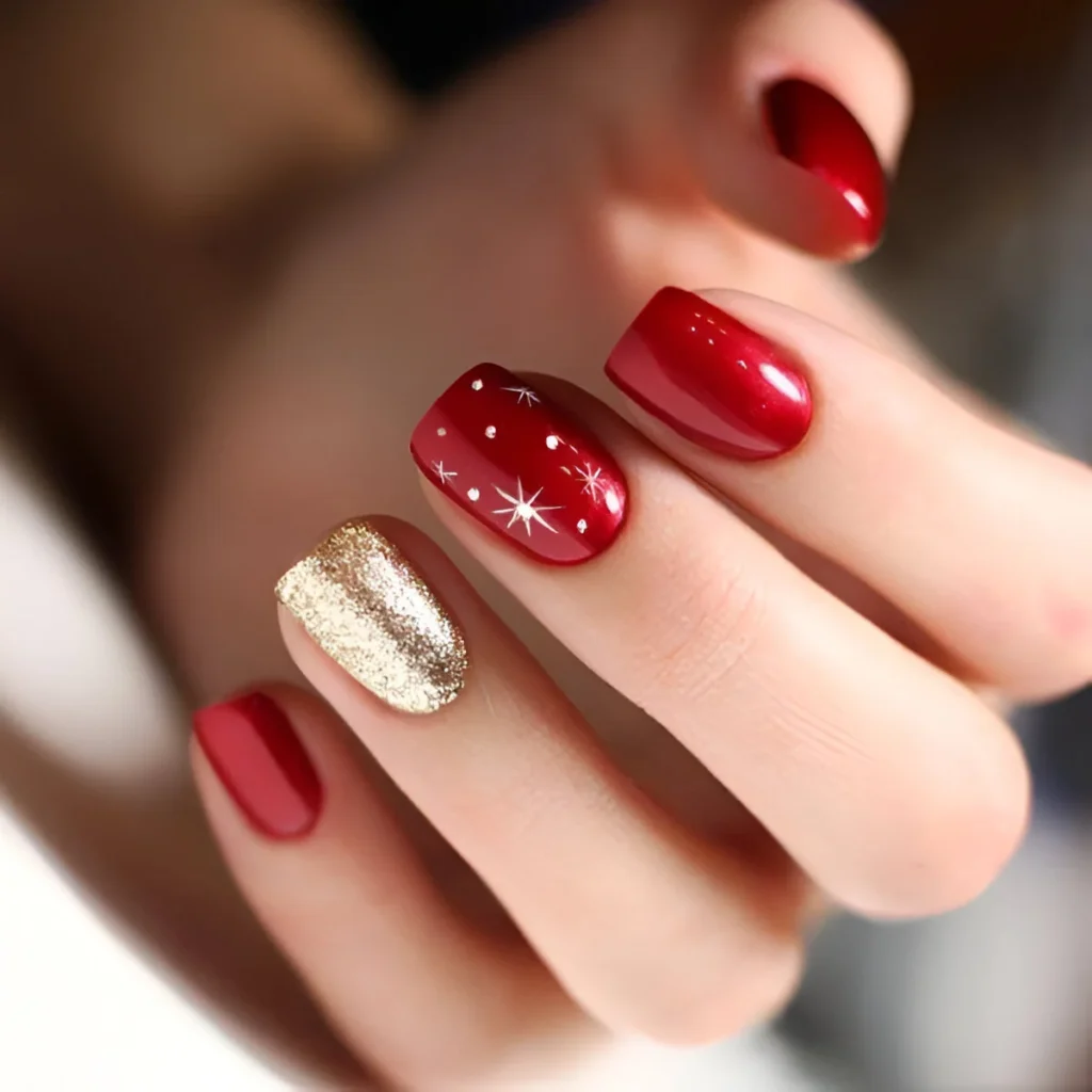 Christmas red and gold nails with starburst design - trendy red nail designs