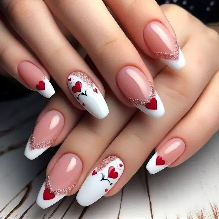 Coffin nails with peach-pink base, white French tips, red hearts, and glitter accents.