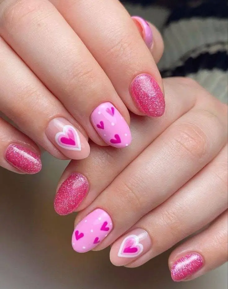 : Short round nails with various pink shades, glitter, and heart designs.