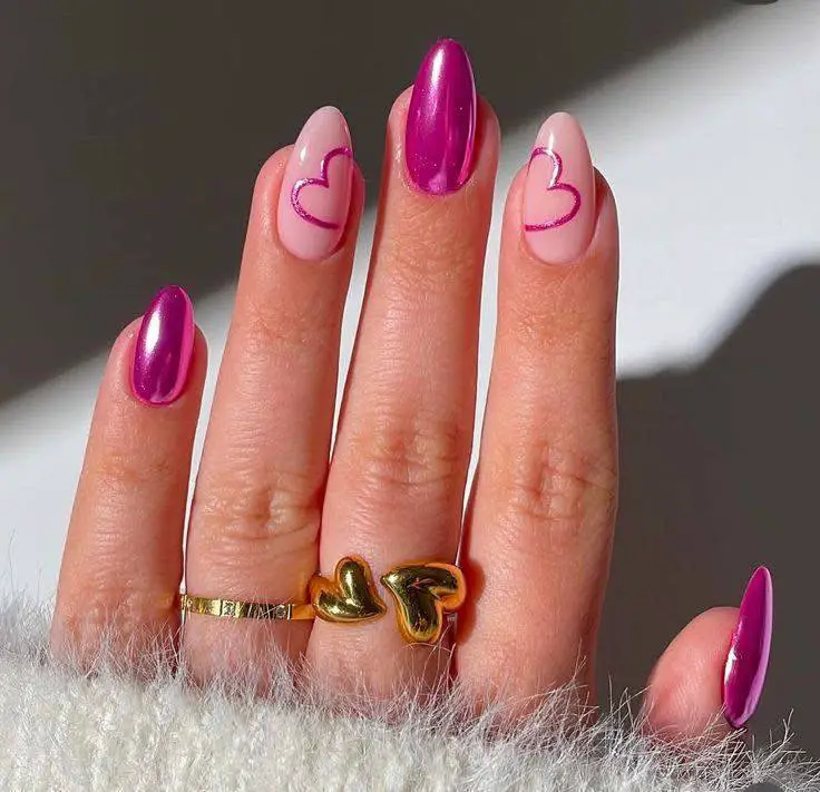 Almond nails with metallic fuchsia and pale pink polish, featuring outlined hearts.