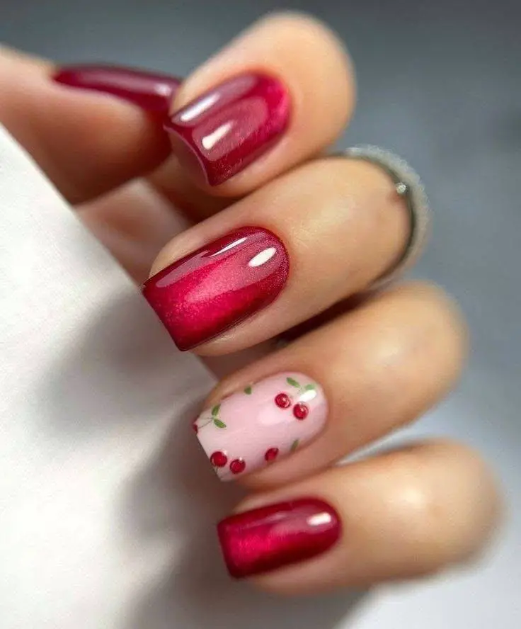 Square nails with cherry-red gradient and a pale pink nail with cherry blossom art.