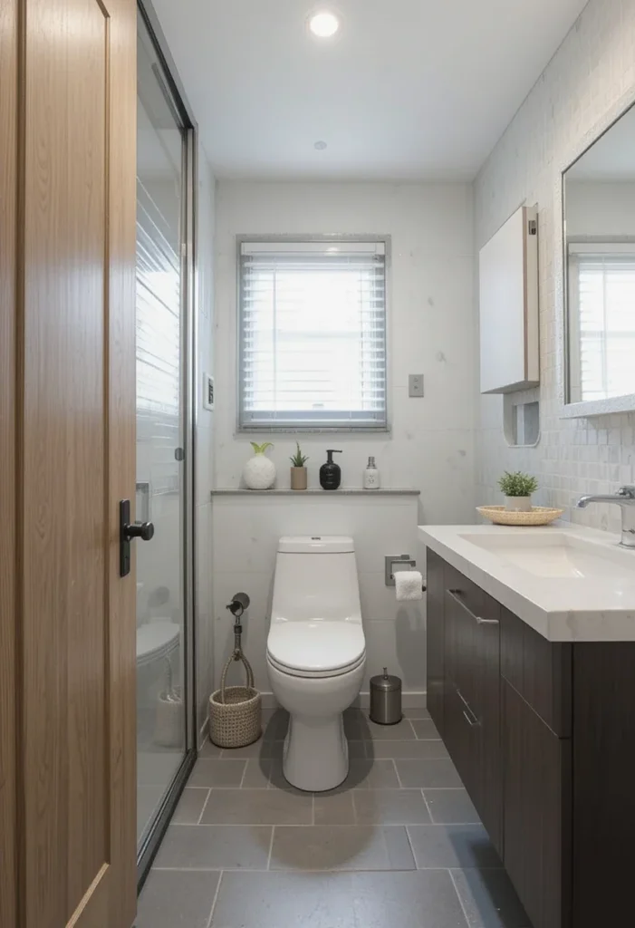 Modern small bathroom remodel with faux wood blinds, white toilet, and gray tile flooring