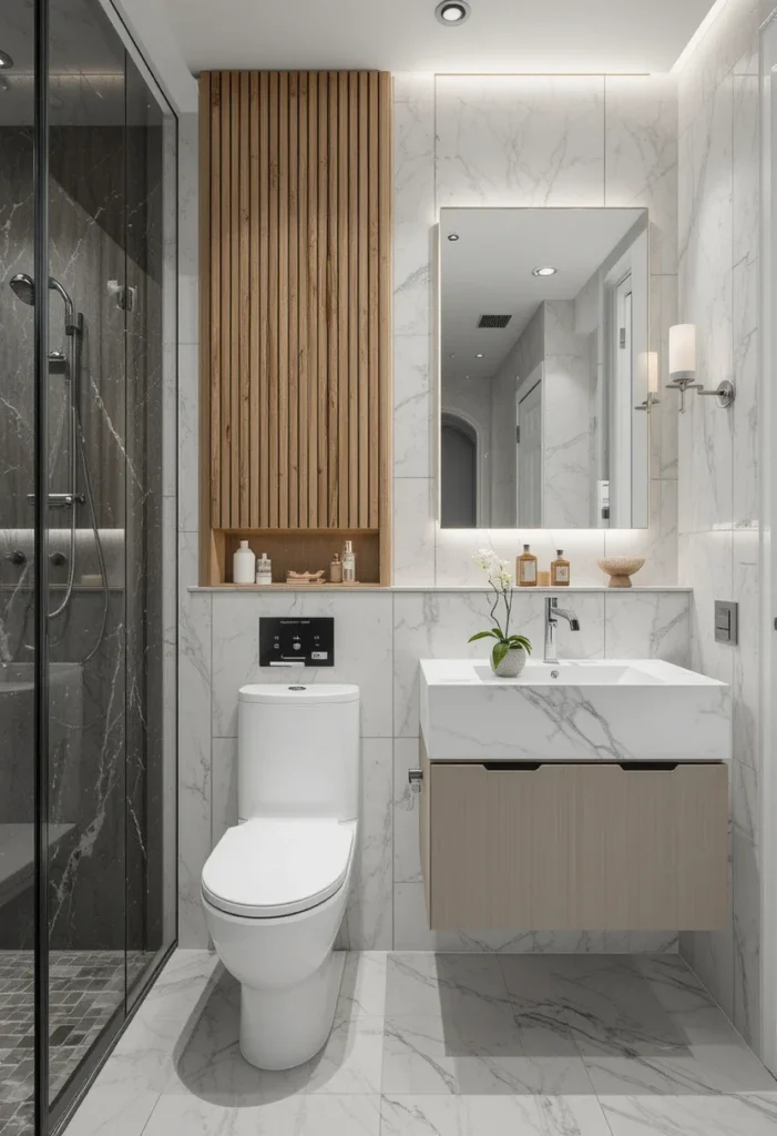 Small bathroom, vertical wood slat accent wall, floating vanity with light marble countertop, walk-in shower.