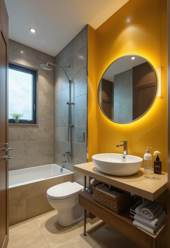 Small bathroom design, yellow accent wall, round backlit mirror, simple wooden vanity, bathtub.